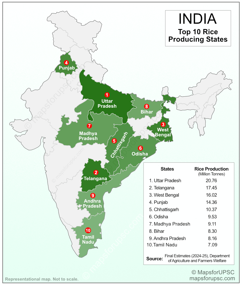 Top 10 Rice Producing States in India Map